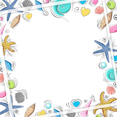 Square marine frame with shadow of multicolored cartoon seashells with hearts and black doodle lines. The frame has a place for the text.