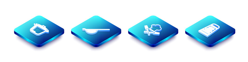 Fototapeta premium Set Isometric line Cooking pot, Kitchen colander, Chef hat fork and Grater icon. Vector.