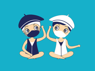 Fototapeta premium Two people salute each other with an elbow and a mask to protect themselves from covid-19