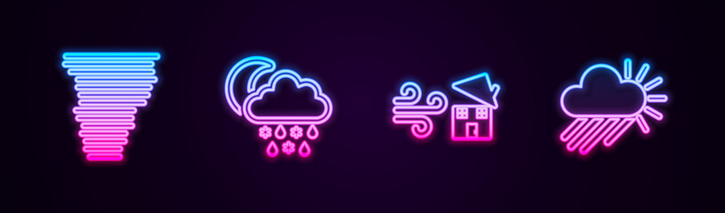 Set line Tornado, Cloud with snow, rain, moon, swirl and Cloudy and sun. Glowing neon icon. Vector.