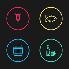 Set line Wooden barrel, Beer bottle and glass, Fish and Wheat icon. Vector.
