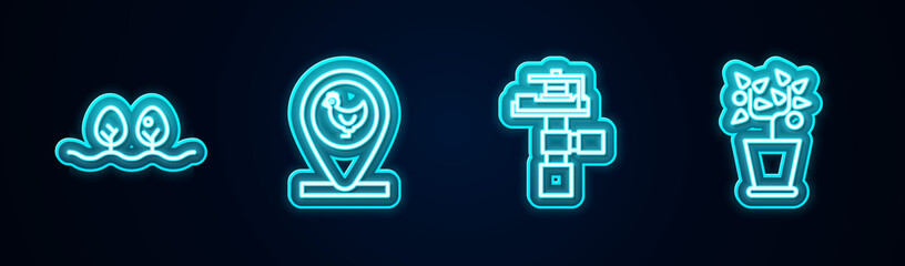 Set line Plant, Chicken farm and location, Automatic irrigation sprinklers and pot. Glowing neon icon. Vector.