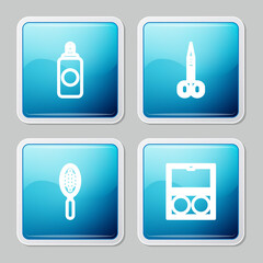 Set line Spray can, Scissors, Hairbrush and Makeup powder with mirror icon. Vector.