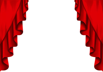 Luxury ruffle fabric. Red curtains isolated on white background.  Realistic vector.