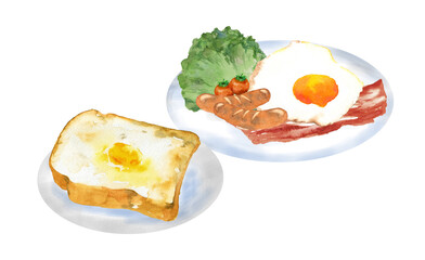 洋風の朝食セット　水彩イラスト