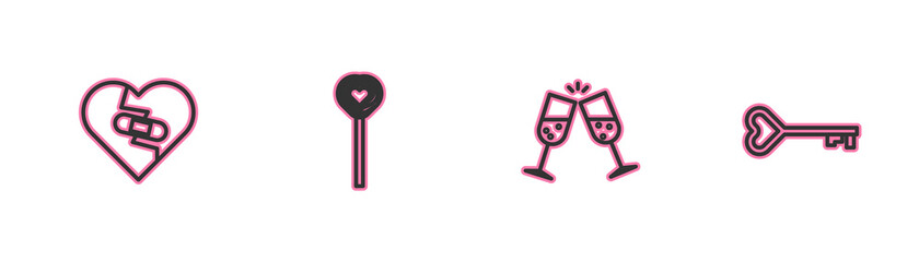 Set line Healed broken heart, Glass of champagne, Lollipop and Key in shape icon. Vector.