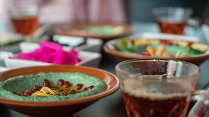 Vegetarian Organic Arabic breakfast with tea 