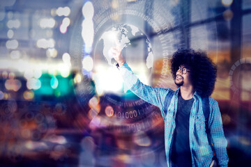 Double exposure of student press a virtual globe