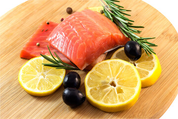 Pieces of red healthy tasty slightly salted trout with lemon, olives, spices on a wooden kitchen cutting board.