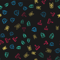 Set line Dishwashing liquid bottle and plate, Bottles for cleaning agent, Wet floor progress and Rubber cleaner windows on seamless pattern. Vector.