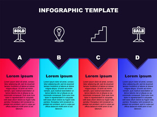 Set line Hanging sign with text Sold, Location key, Staircase and Sale. Business infographic template. Vector.
