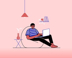 Vector illustration of working from home during the pandemic with a laptop, sitting on a bean bag, and stay online. Stay at home.