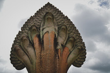 Seven heads Naga mythical creature sculpture in Angkor Wat in Siem reap, Cambodia