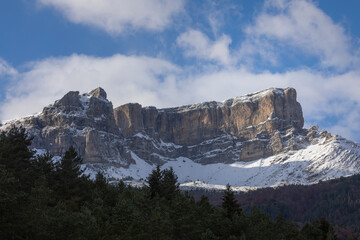 Snowy mountains landscape in the Aragonese Pyrenees. Selva de Oza valley, Hecho and Anso, Huesca,...