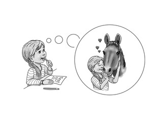 Mädchen schüler schülerin Test denkt nach Denkblase Vorstellung Fantasie Pferd umarmen Herzchen Krafttier Hilfe Unterstützung lernen Stress Angst bewältigen überwinden lernen Bildung Schule Prüfung © www.barfuss-junge.de