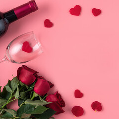 Fototapeta na wymiar Valentine's Day dating gift with wine and rose concept on pink background