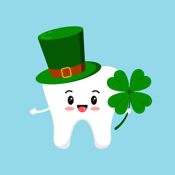 St Patrick day tooth in leprechaun hat and clover in hand. Dental tooth irish character with quatrefoil clover, green cylinder hat. Flat design cartoon style dentist celebration vector illustration.