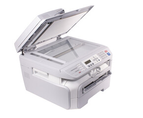Multifunctional office printer on white background