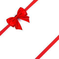 Decorative gift bow and and satin ribbon on a white background. Decor for poster, greeting card, header, website. Happy women, father, birthday greeting card