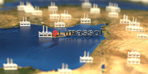 Obraz premium Factory icons near Limassol city on the map, industrial production related 3D rendering