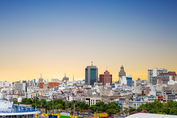 Montevideo, Uruguay-February 28, 2020: View of the city from the port.
It is the main commercial port of Uruguay. In the center of the picture, in the distance, you can see the Salvo Palace.