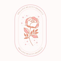 Magical rose floral logo element with stars and frame