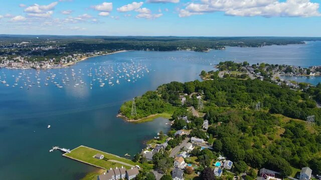 Aerial view of Salem Neck historic district, Danvers River, Beverly Harbor and Essex Bridge connecting Salem and Beverly in City of Salem, Massachusetts MA, USA.	