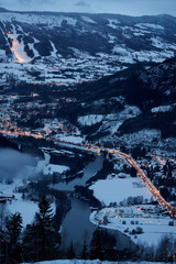 View over Gol, Hallingdal, Norway. RV 7 is showing and traffic is dense in the valley. Wintershot.