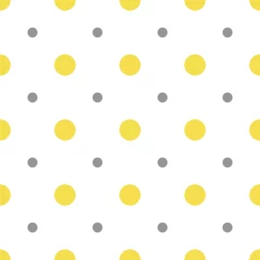 Gordijnen Verhelderend geel en ultieme grijze naadloze polka dot patroon, vectorillustratie. Naadloze patroon met gele en grijze cirkels op wit. Abstracte geometrische stippenachtergrond © Irin Fierce