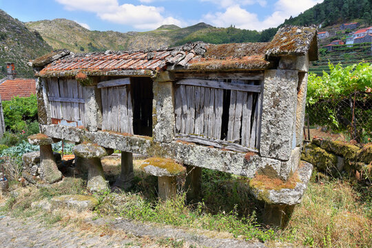 Typical stone corn driers, called Espigueiros near Sistelo, north of Portugal