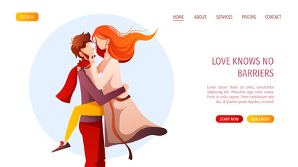 Young couple in love. Loving man holding woman in his arms. Relationship, Love, Valentine's day, Romantic concept. Vector illustration for banner, website, poster, card.