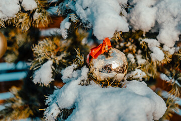 Christmas golden ball and tree branch. Christmas decorations.