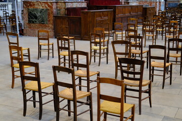 The chair disposal at Saint-Sulpice church in Paris during covid 19 pandemic.