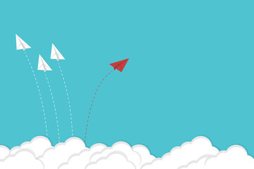 Think differently. Red airplane changing direction. New idea, change, trend, courage, creative solution, innovation and unique way concept.