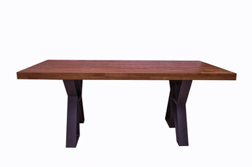 wooden lacquered table with black metal legs on white background. Interior element