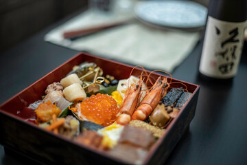Osechi dinner box over the table