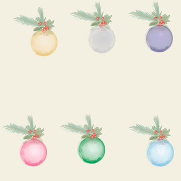 Christmas balls set watercolor style with fir and mistletoe