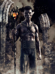 Fototapeta na wymiar Fantasy scene with a dark elf holding a flaming staff and standing among the ruins of an ancient temple. 3D render - the man in the image is a 3D object.