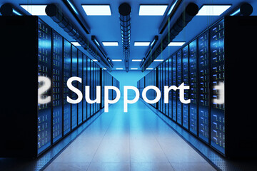 internet support service logo in large modern data center with multiple rows of server racks, 3D Illustration