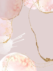 Frame for invitation with a ready-made modern design. Watercolor shapes with gold glitter in pink tones.