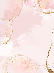 Frame for invitation with a ready-made modern design. Watercolor shapes with gold glitter in pink tones.