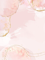 Frame for invitation with a ready-made modern design. Watercolor shapes with gold glitter in pink tones.
