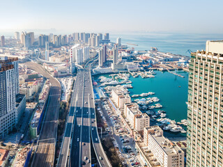 Aerial photography of architectural landscape skyline in Qingdao Bay