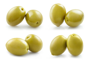 Set of delicious green olives, isolated on white background