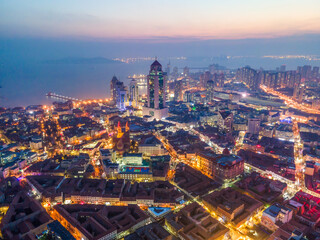 Fototapeta na wymiar Aerial photography of Qingdao urban architectural landscape at night
