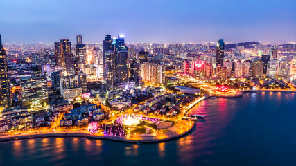 Fototapeta premium Aerial photography of Qingdao urban landscape at night