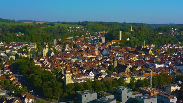 Aerial view of the old town of the city Ravensburg on a sunny day in Spring 