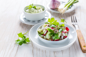 Spring salad with radish, cucumber and avocado