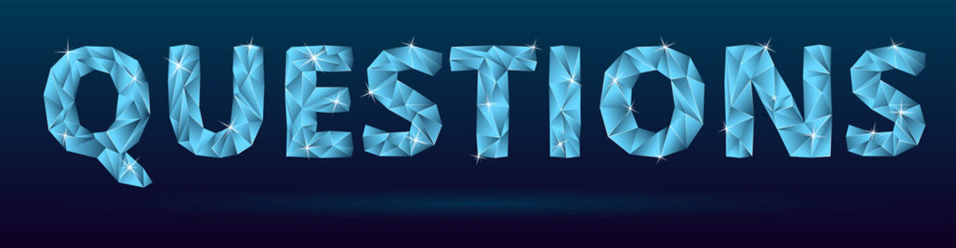 Questions banner. Illustration of questions in 3d style for web, print, app design. Questionnaire and quiz design. Question conception in the shape of a blue crystal.