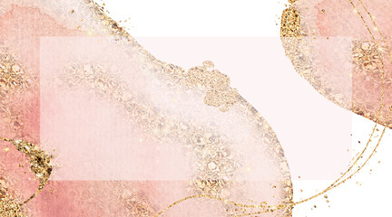 The basis for the business card. Watercolor shapes in pink with gold glitter